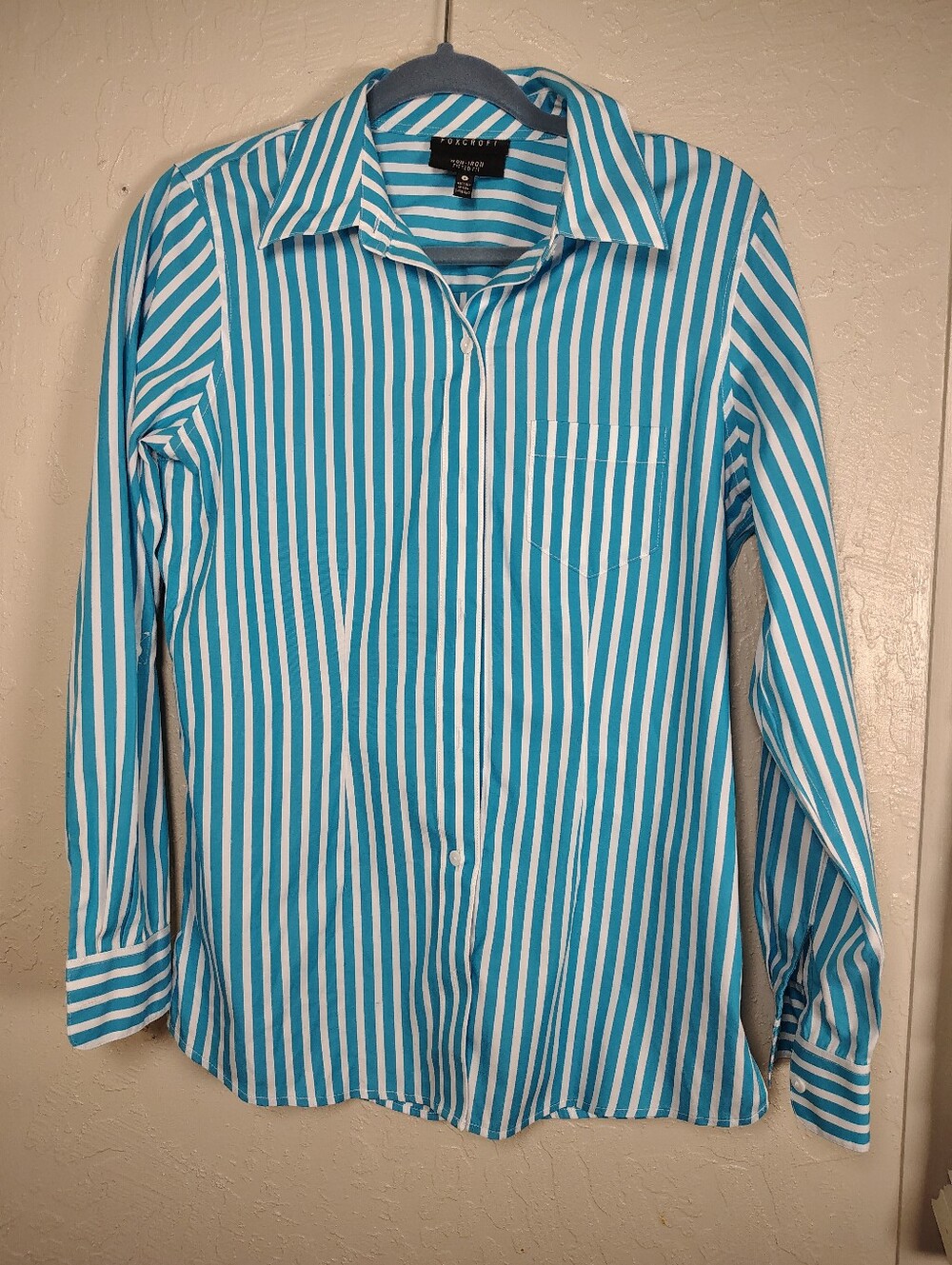 Foxcroft Teal and White Striped Blouse Size 8